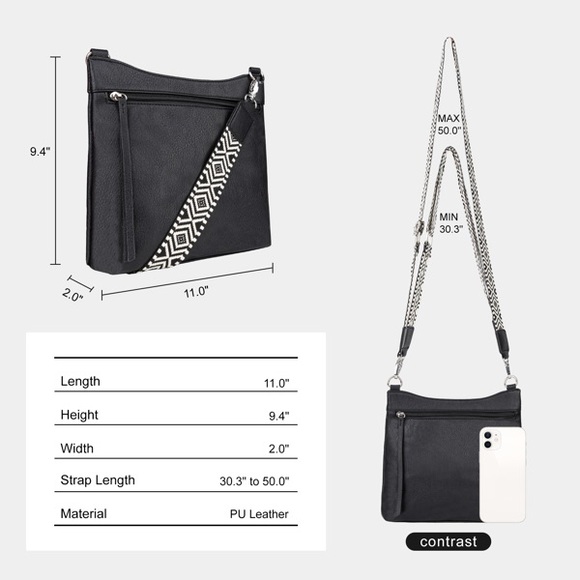 Women’s Black Crossbody Bag with Patterned Strap - Picture 5 of 6